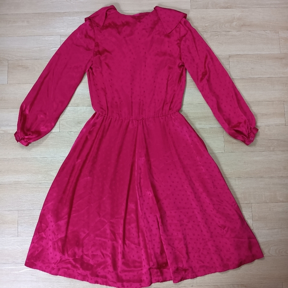 SOLD Vintage 80s Womens Sz L Fushia Silk Ruffle Collar Long Sleeve Dress - Picture 3 of 6
